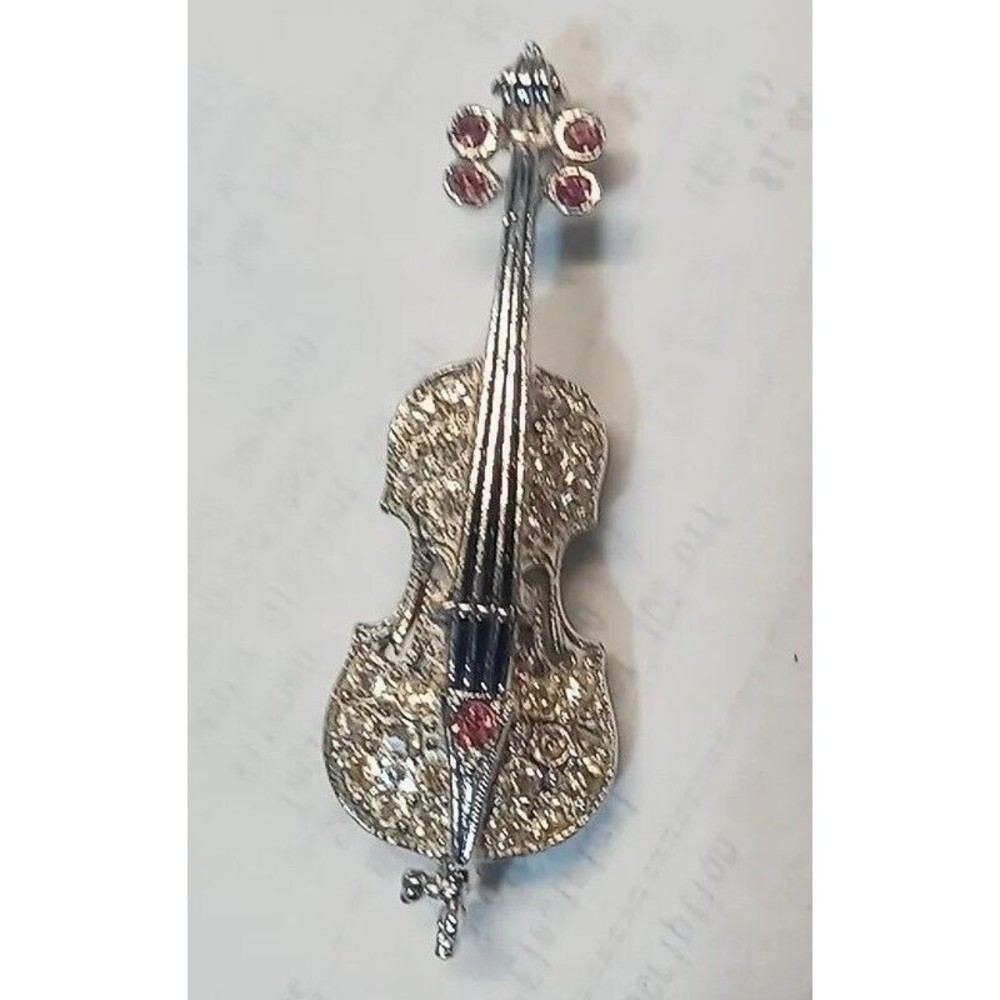 VINTAGE SPARKLY VIOLIN RHINESTONE BROOCH PIN MUSICAL INSTRUMENT